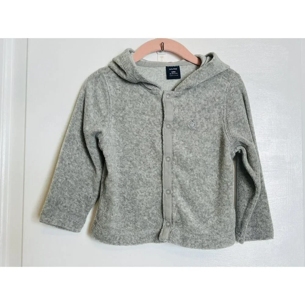 Baby Gap Gray Terry Cloth Bear Ears Snap Hoodie Sweatshirt Fleece Boy Girl 18-24